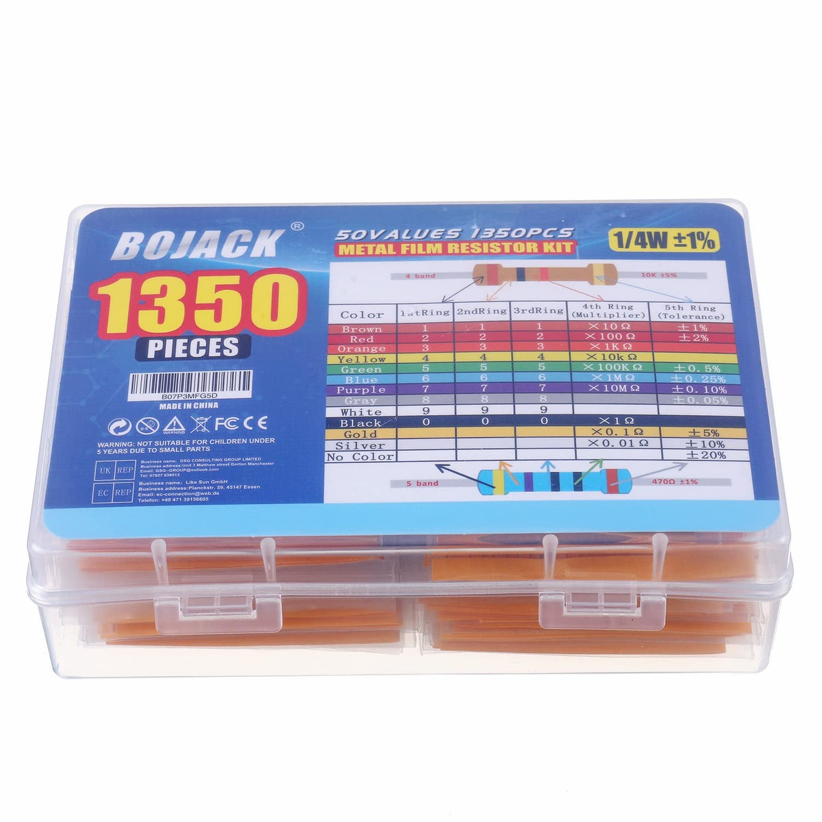 50 Values 1350 Pcs Resistor Kit 0 Ohm-5.6M Ohm with 1% 1/4W Metal Film Resistors Assortment