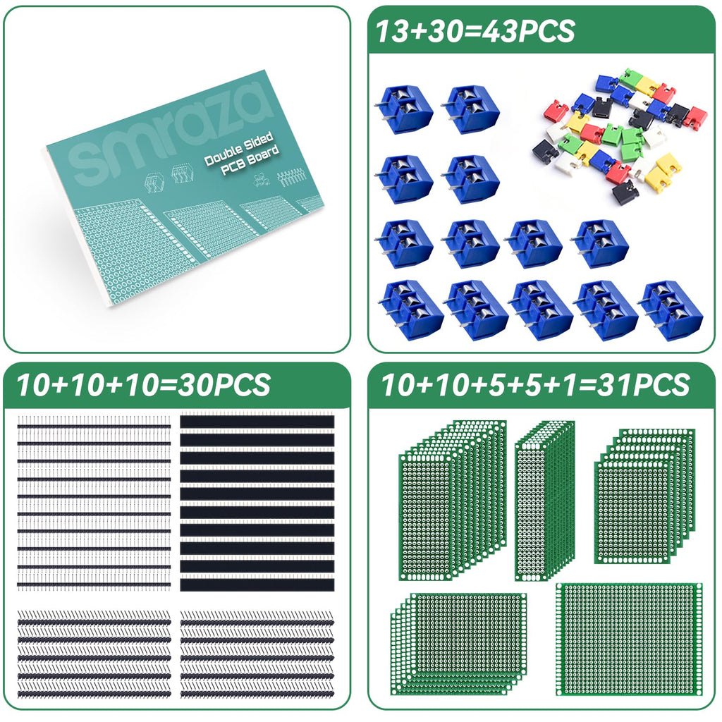 104Pcs Double Sided PCB Board Kit, Prototype Boards for DIY Soldering and Electronic Project Circuit Boards Compatible with Arduino Kits, 30PCS 40 Pin 2.54Mm Male and Female Header Connector