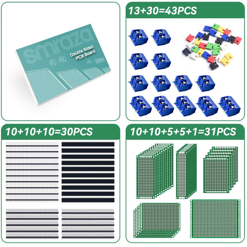 104Pcs Double Sided PCB Board Kit, Prototype Boards for DIY Soldering and Electronic Project Circuit Boards Compatible with Arduino Kits, 30PCS 40 Pin 2.54Mm Male and Female Header Connector